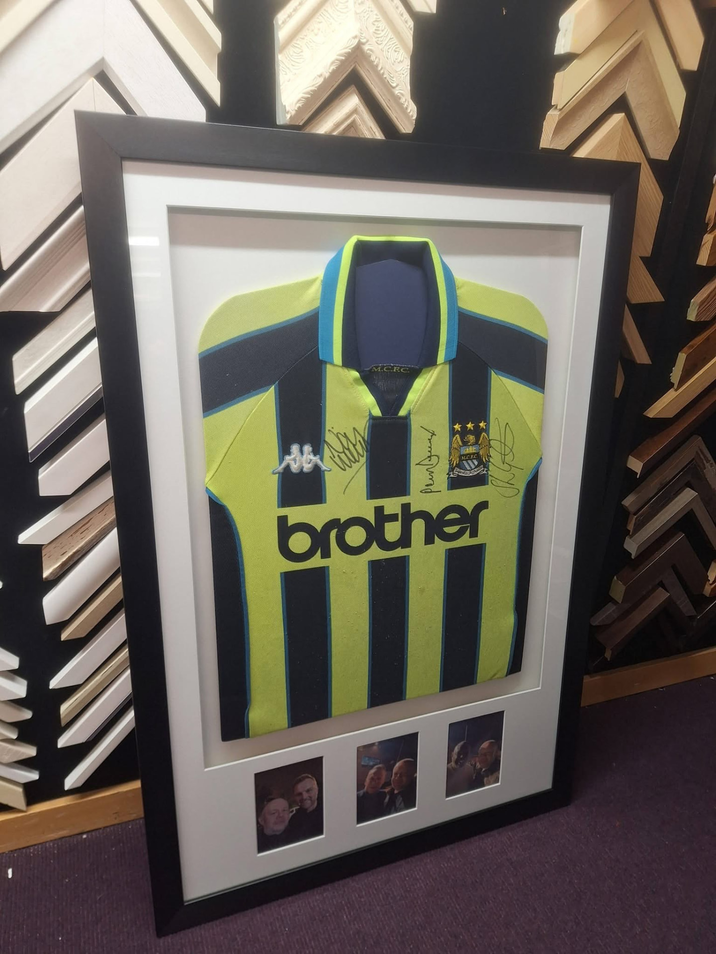 Signed vintage football shirt framed with three photographs